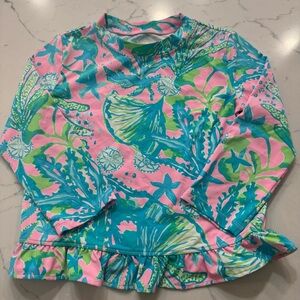 Lilly Pulitzer Girls Swim Rash Guard Ruffle Hem Long Sleeve Pink and Blue 7
